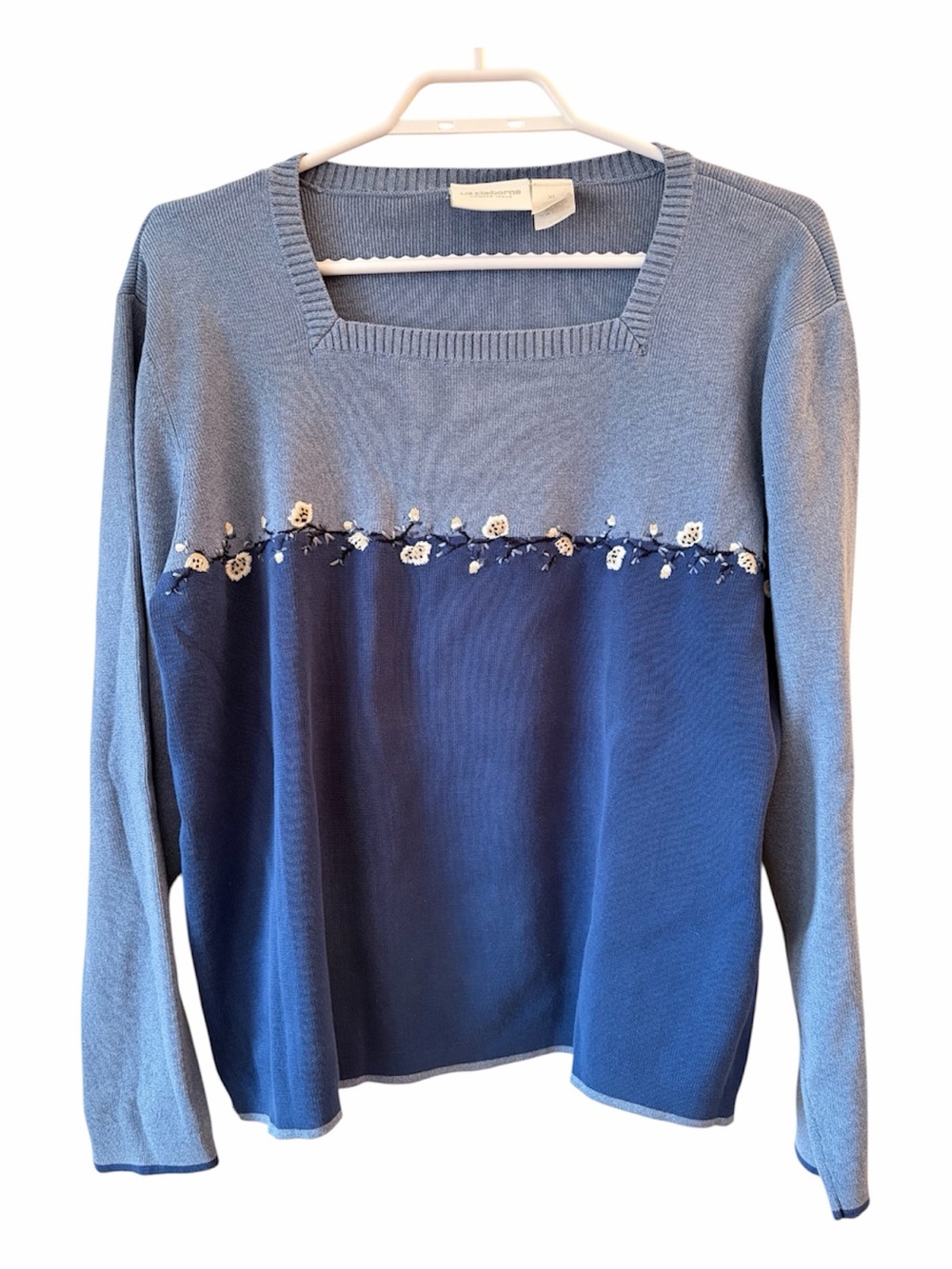 Liz Claiborne Blue Colorblock Floral Embroidered Knit Sweater Y2K Cottagecore